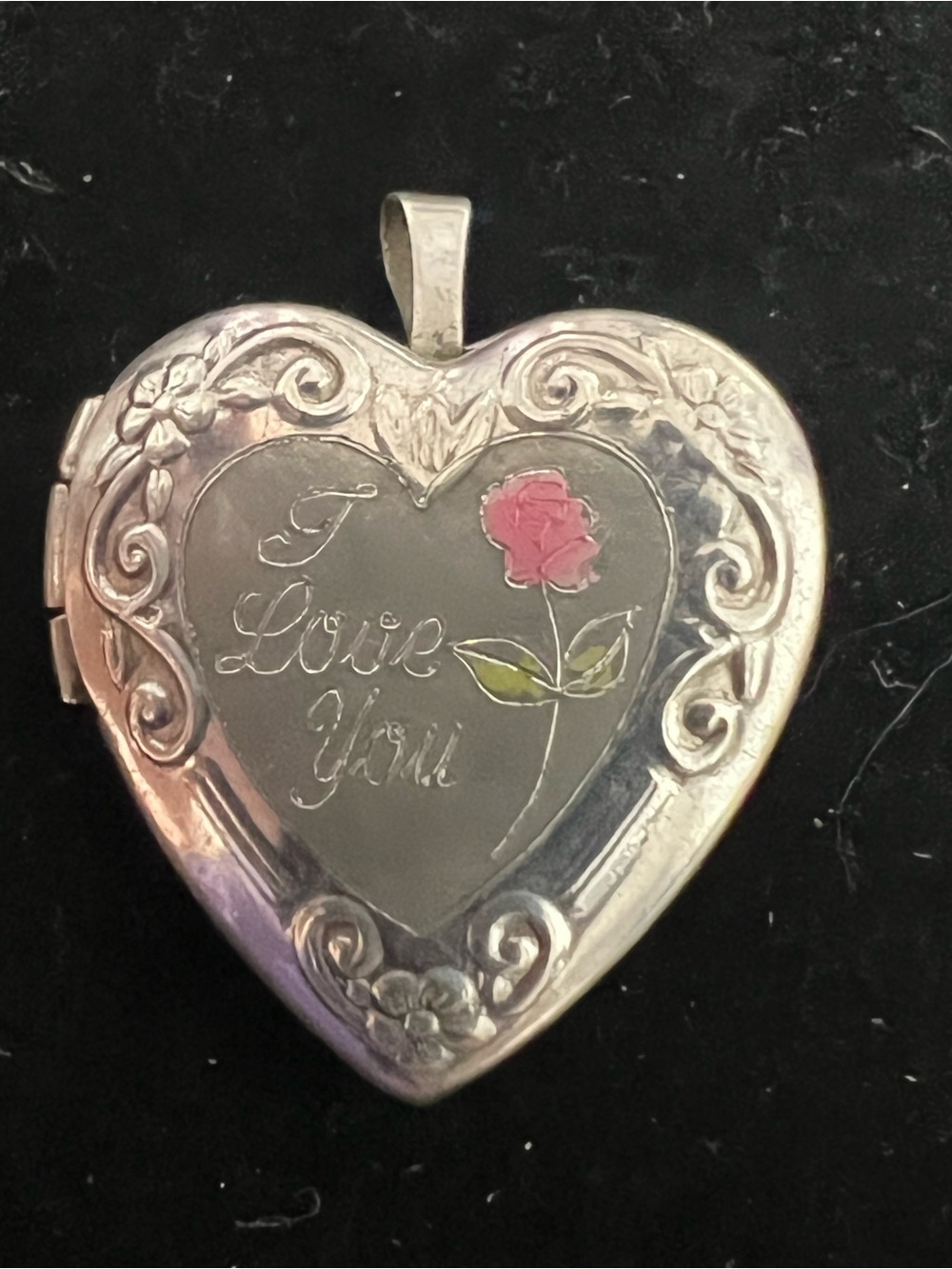 925 STERLING SILVER HEART Locket Pendant with Pink Rose - I Love You Engraving